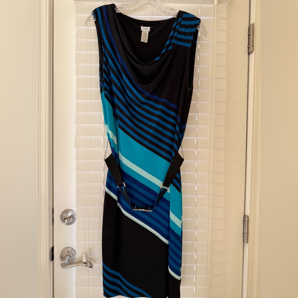 Cache Belted Blue/Black/Teal/White Diagonal Stripe Dress/ With a Drape neckline